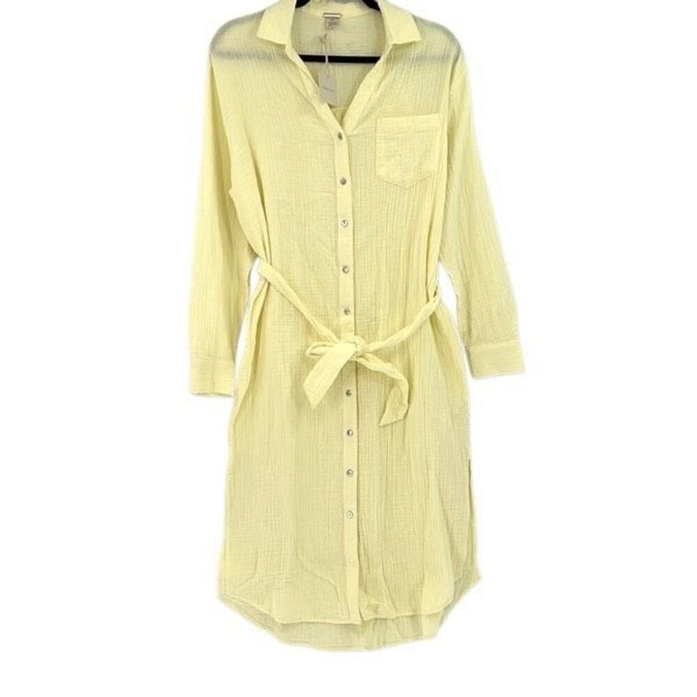 Nwt Magaschoni Yellow Belted Gauze Organic Cotton Button Down Shirt Dress Small